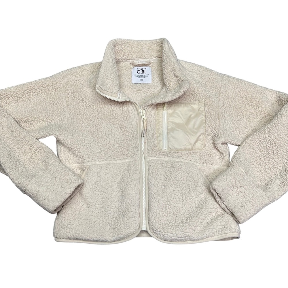 Athleta Girl Cream Cozy Sherpa Fleece Full  Zip Jacket Mock Neck Cream Size L 12